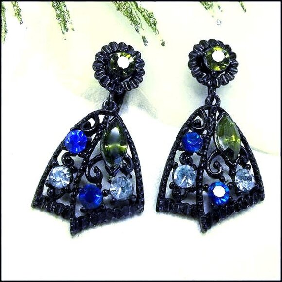 Florenza 1950s Vintage Clip Earrings Blue Green Japanned Jewels #16011 - Picture 2 of 5